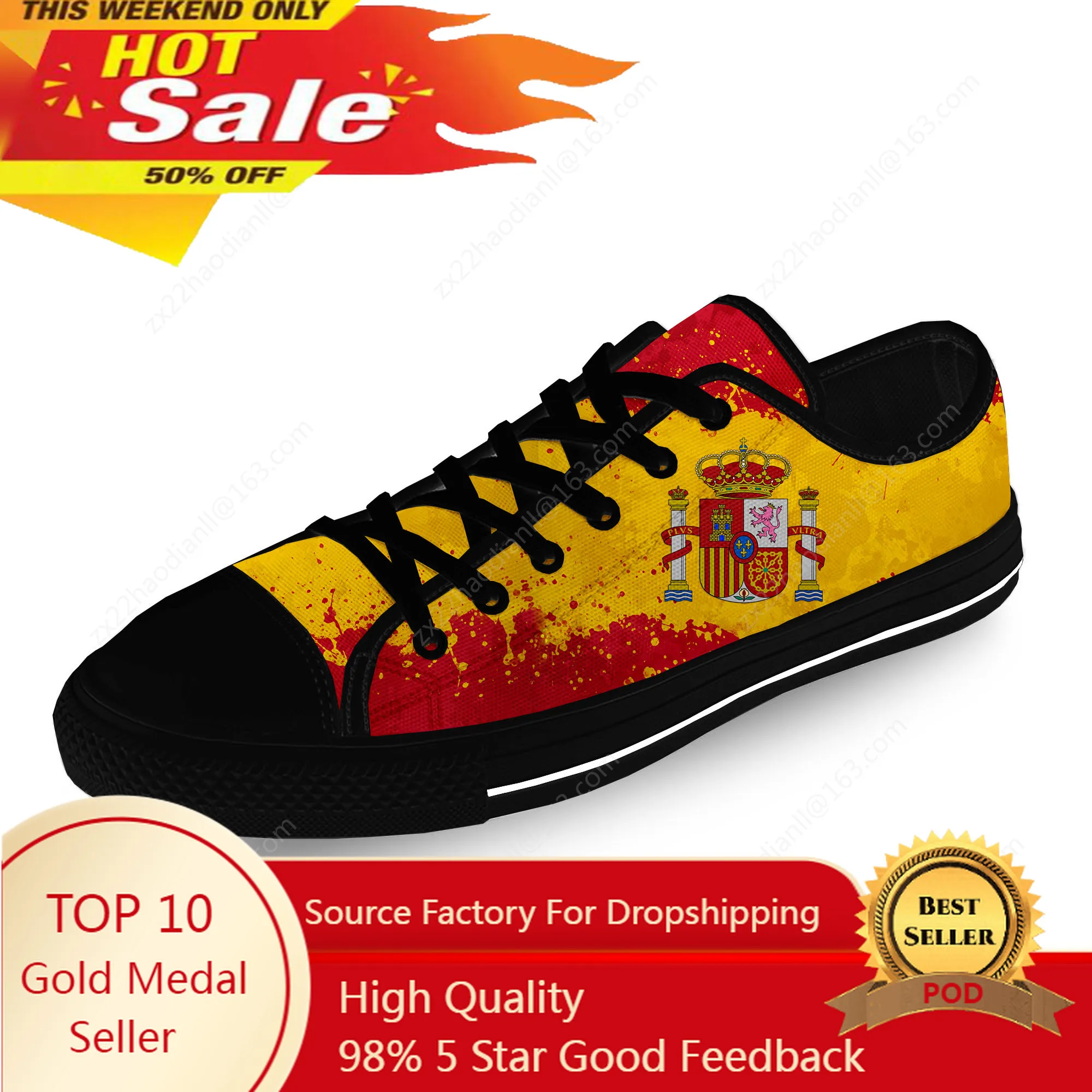 Spain National Emblem Spanish Flag Casual Cloth 3D Print Low Top Canvas Fashion Shoes Men Women Lightweight Breathable Sneakers