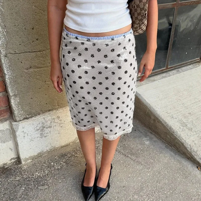 

SKMY Women Clothing 2025 Summer New Fashion Vintage Polka Dot Printed Sequined Low Waist Slim Fit Skirts Lace Patchwork