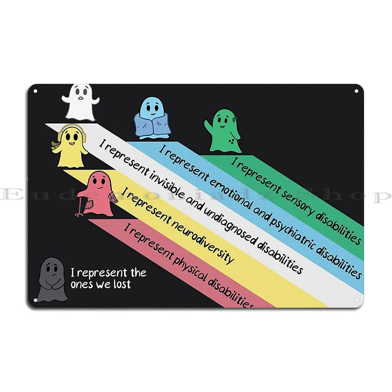 Disability Pride Flag With Ghosts And Text Metal Plaque Wall Decor Living Room Bar Designs Cinema Tin Sign Poster