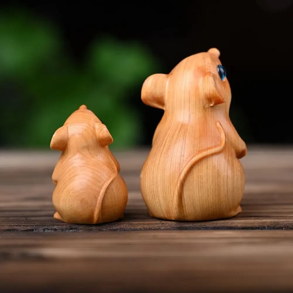 Crafts Wood Carved Zodiac Mouse Statuette Cute Decorative Hamster Statue Funny Animal Figurine Sculpture Office