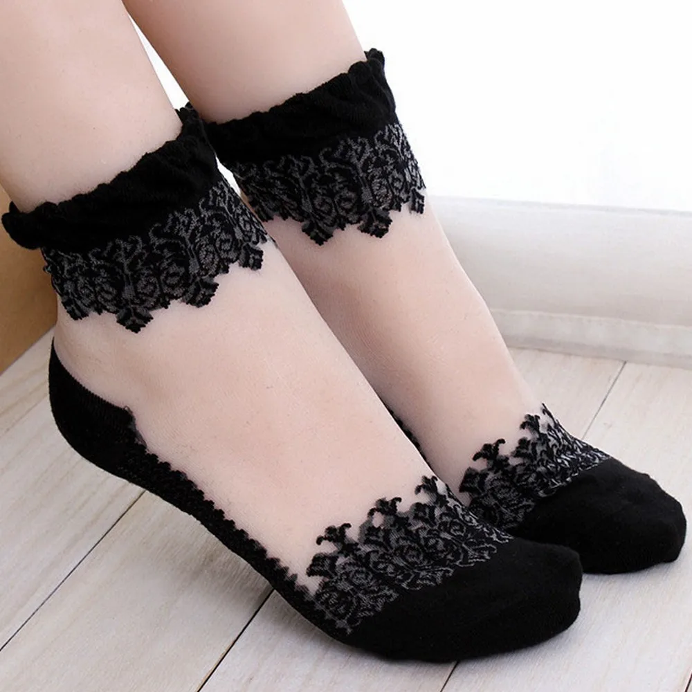 Fashion Thin Transparent Sock Women Breathable Summer Socks Girls Lace Flower Crystal Silk Sock Sexy Elastic Short Tulle Socks