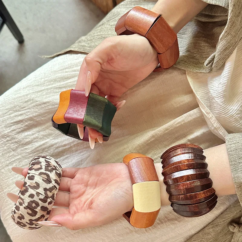 Vintage Wide Wood Bangle Multicolor Color Block Leopard Print Stackable Cuff Bracelets Boho Statement Jewelry for Women