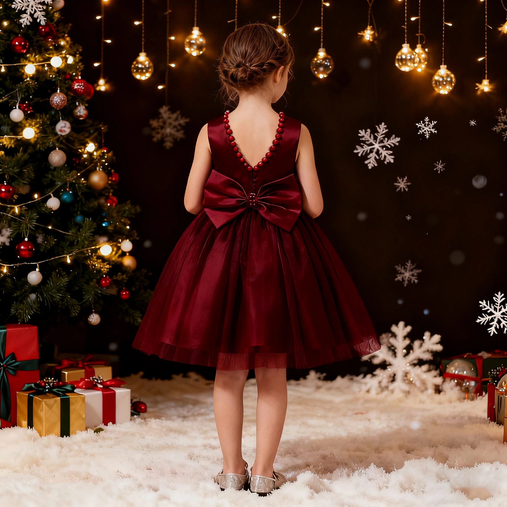 Rotes Weihnachtskleid für Mädchen, Herbst-Kinderkleider, Mädchen, rückenfrei, Perlen, elegantes Kinder-Neujahrs-Prinzessinnenkleid, 4, 5, 6–8 Jahre