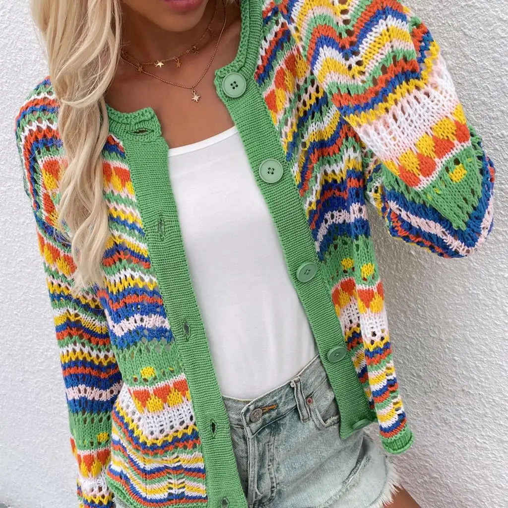 Striped Sweater Women\'s 2023 Autumn and Winter New Loose Rainbow Casual Open Hollow Knitted Shirt Women\'s Cardigan