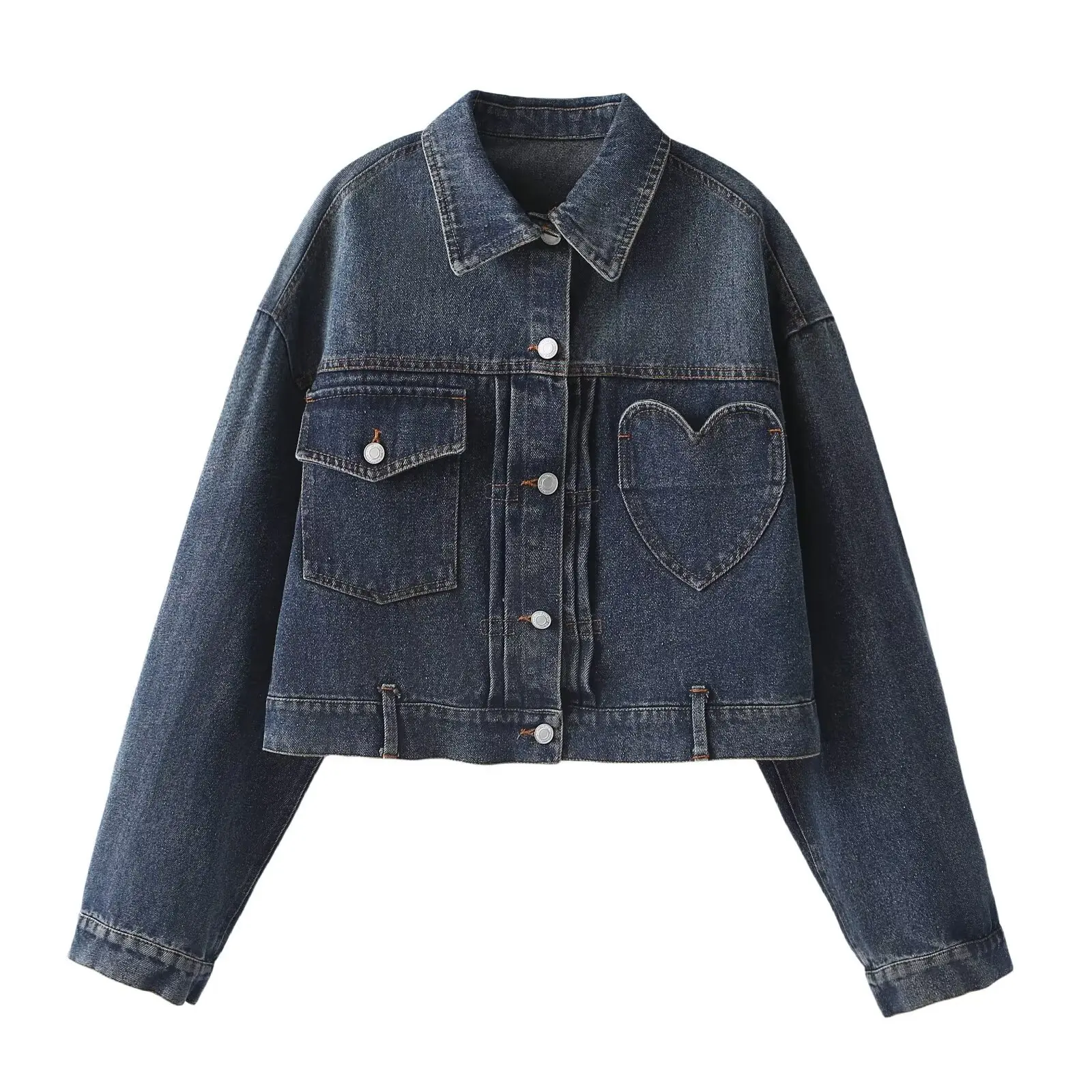 

Women's New Fashion French Heart Pocket Denim Jacket European American Single Breasted Turn-down Collar Blue Cowboy Coat