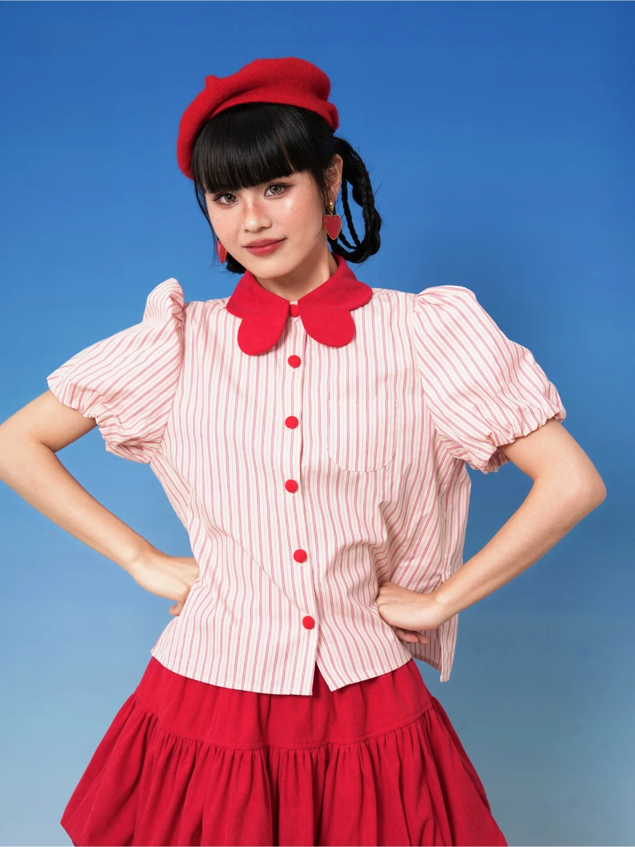 

Женский комплект Sweet Sle NOPMOB: розовая полосатая футболка с коротким рукавом и юбка, летний повседневный свободный крой, хлопок, защита от УФ-излучения, воротник «кукла»