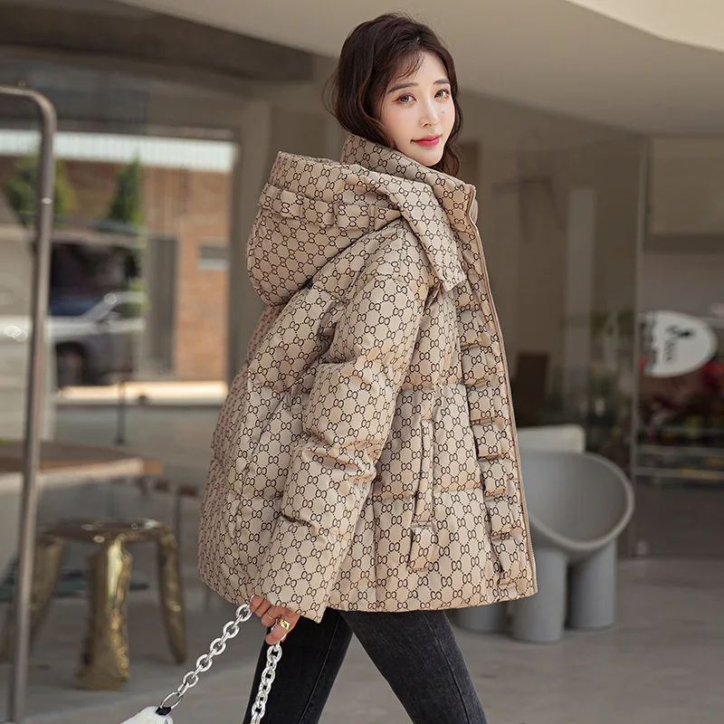 Women\'s Winter Coats White Duck Down Thicken Warm Overcoat Fashion Printing Hooded Short Down Coats Loose Leisure Hooded Outwear