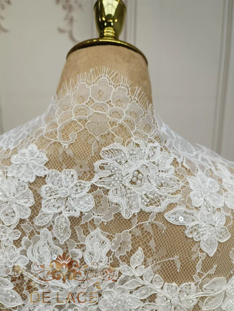 Luxury High Quality Eyelash Wedding Dress Lace Chantilly Corded Fabric With Beaded Bridal Wedding Dress Lace Fabric