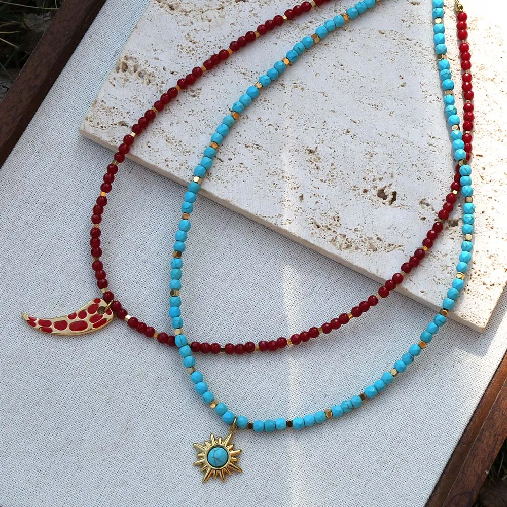 Popular necklace in Europe&America featuring red agate green turquoise beads stainless steel pendant guaranteed colorfast