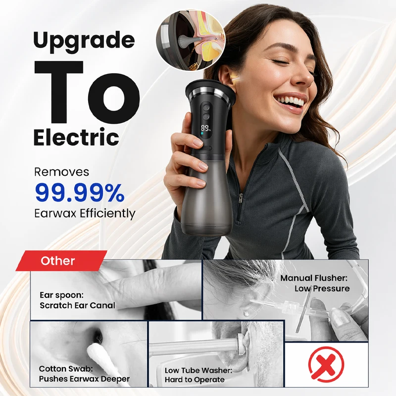Electric Ear Wax Removal Irrigator 3 Pressure Modes Water Powered Ear Cleaning System with Dual Water Tank and Nozzle Set