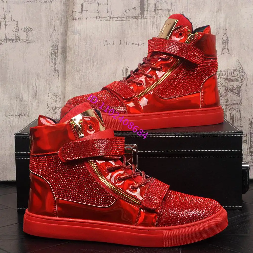 Design Men High Top Rhinestones Sneakers Cool Men Outdoor Lace Up Crystal High Top Sneakers