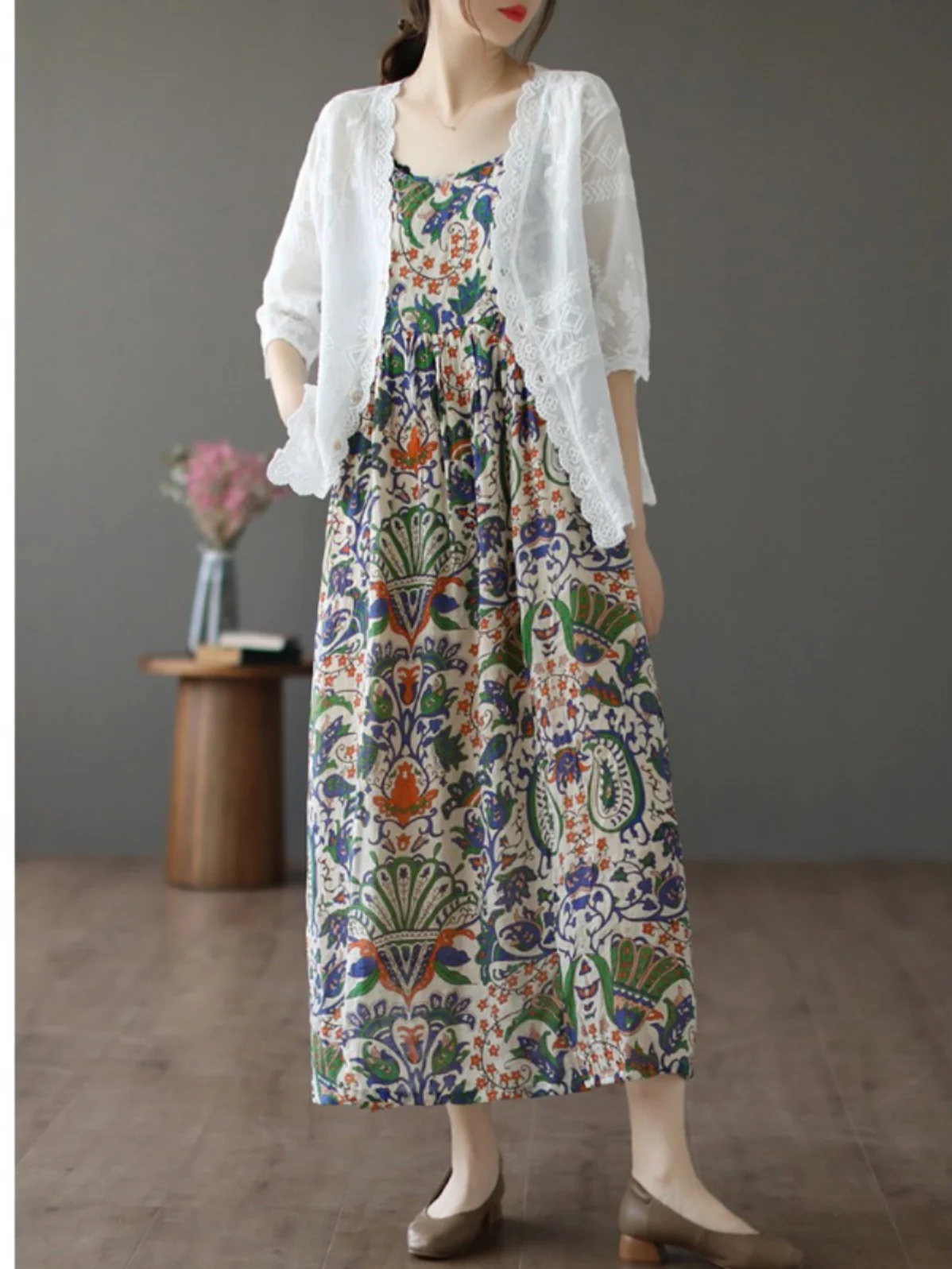 High-End Japanese Brand Women's Cotton Linen Floral Dr Loose Slimming Linen Strap Vest Long Dr Floral Print Commute Sle