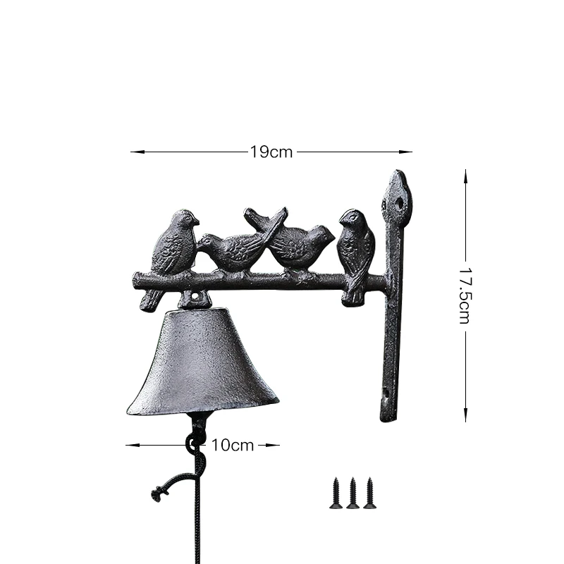 الأوروبية الرجعية أربعة الطيور الحديد الزهر اليد التحريك جدار جرس ريفي الحائط جرس الباب حديقة المنزل الطيور على جرس فرع