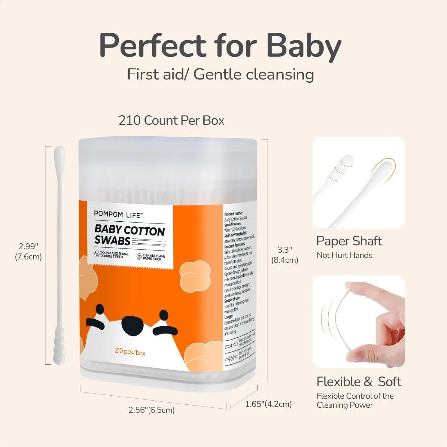 Baby-Wattestäbchen, 210 Stück, Wattestäbchen für die persönliche Hygiene, babysichere Tipps für die Ohren- und Nasenreinigung mit biologisch abbaubarer Bio