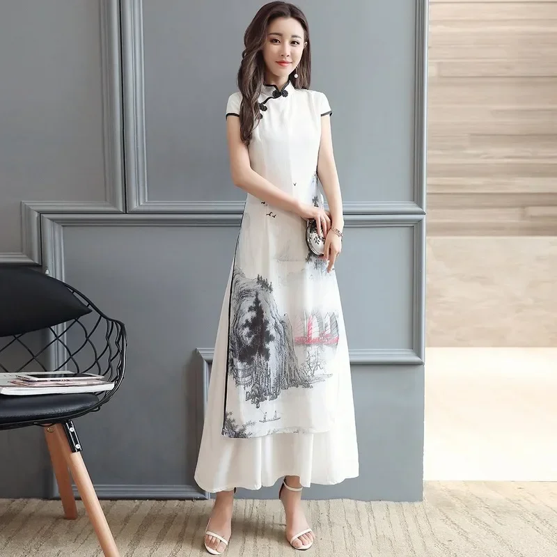 

Women Chinese Traditional Hanfu Landscape Painting Cheongsam White Dance Dress Qipao Chiffon Robe Vintage Chinese Style Dresses