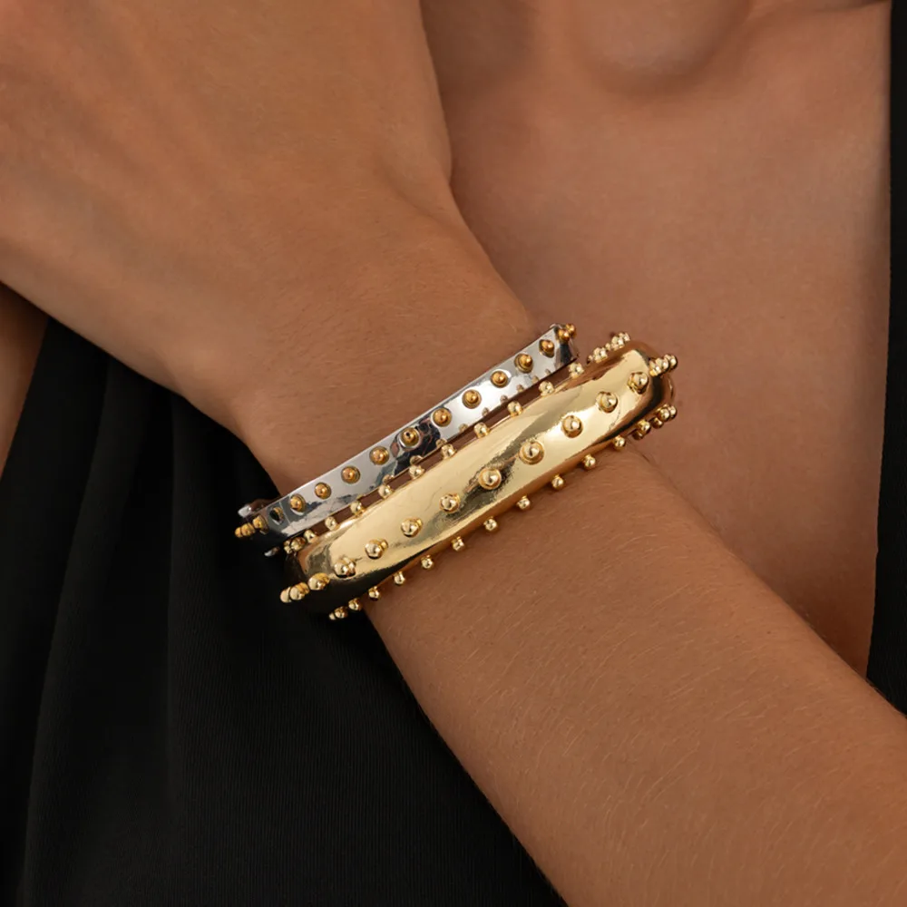 KunJoe 2 pcs/set Punk Glossy Metal Particles Layered Stacked Bracelets Women Retro Geometric Circle Cuff Spring Bangles Jewelry