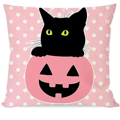 Pink Halloween pillowcase Home décor, black cat pumpkin witch hat candy stripe dot autumn decorative pillowcase cushion cover