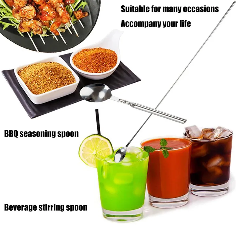 ملعقة قابلة للتمديد من الفولاذ المقاوم للصدأ ، ملاعق أدوات مائدة طويلة ، إكسسوارات مطبخ ، أدوات ، أدوات ، عشاء ، فاكهة ، حلوى ، شواء #3