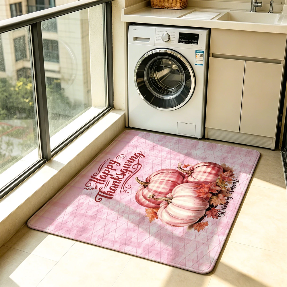 1pc Thanksgiving Pink Pumpkin Maple Leaf Silicone Tufted Floor Mat, Anti Slip Carpet For Living Room Sofa Bedroom Stylish Hom