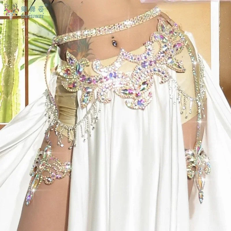 Accesorios de actuación de danza del vientre para mujer, cinturón de cadena con piedras AB para personas mayores, lazo de pierna de competición de lujo para niña, superbrillante