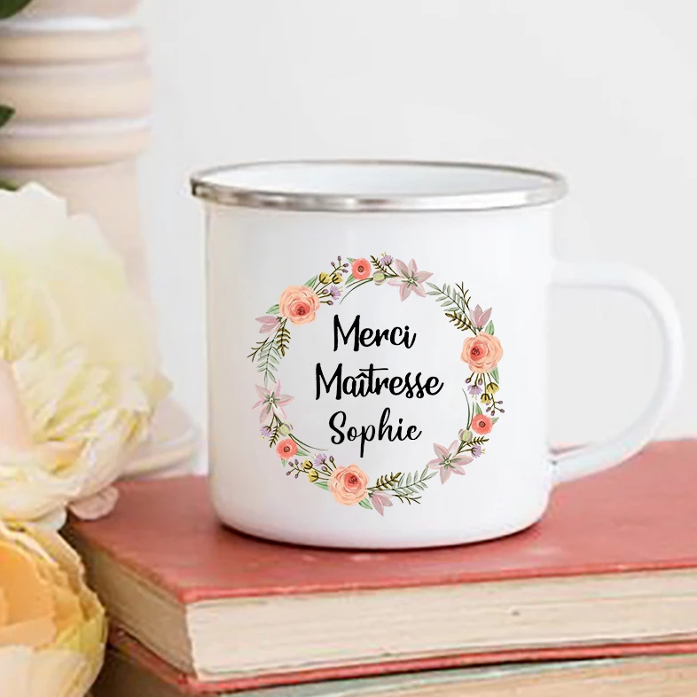 Personalized French Print Mugs Custom Name Coffee Cups Drink Water Milk Cup Enamel Mug School Home Handle Drinkware Teacher Gift