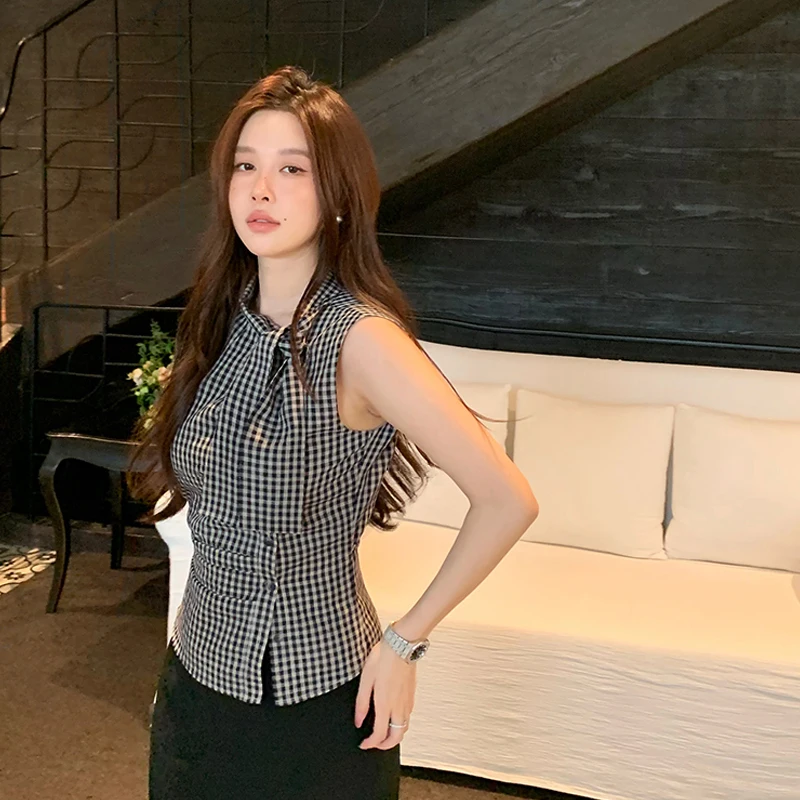 

Retro Plaid Lace-Up Sleeveless Top Women Ins Summer Sheath Tie Collar Blouse