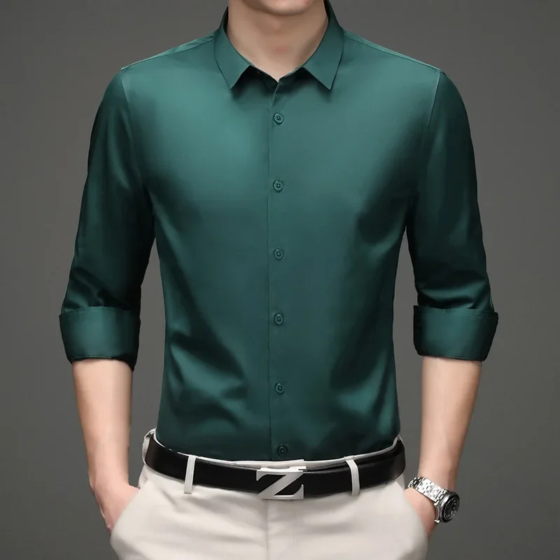 Micro-elastic men's silk satin blue shirt breathable business casual Korean slim professional long-sleeved white shirt.