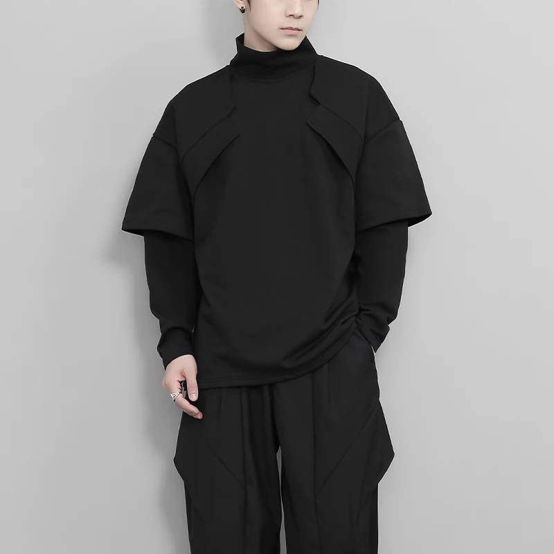 

Original Design Men's Trendy Fake Two-Piece Patchwork Double Layer Sleeve Turtleneck Black Long Sleeve Casual Fashion Sweatshirt