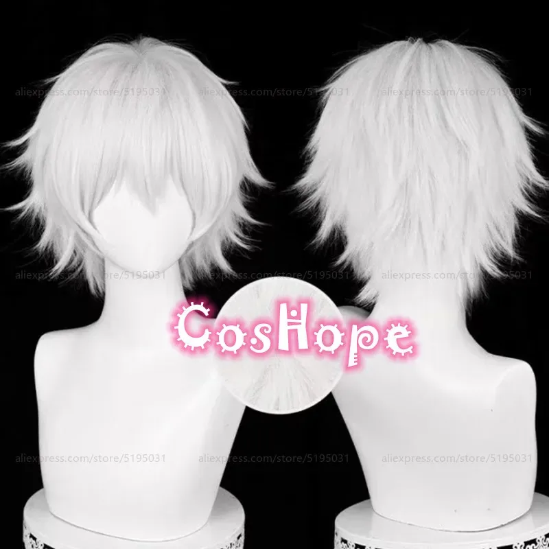 Peluca de Cosplay Kaneki Ken, peluca blanca plateada rizada corta de 30cm, pelucas de Cosplay de Anime, pelucas sintéticas resistentes al calor