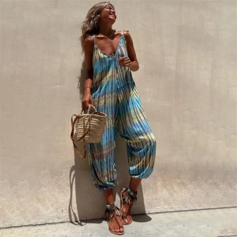 Summer Women's Sexy Camisole V-neck Fashionable Printed Loose Lace Up Jumpsuit Casual Sleeveless Beach Striped Jumpsuit