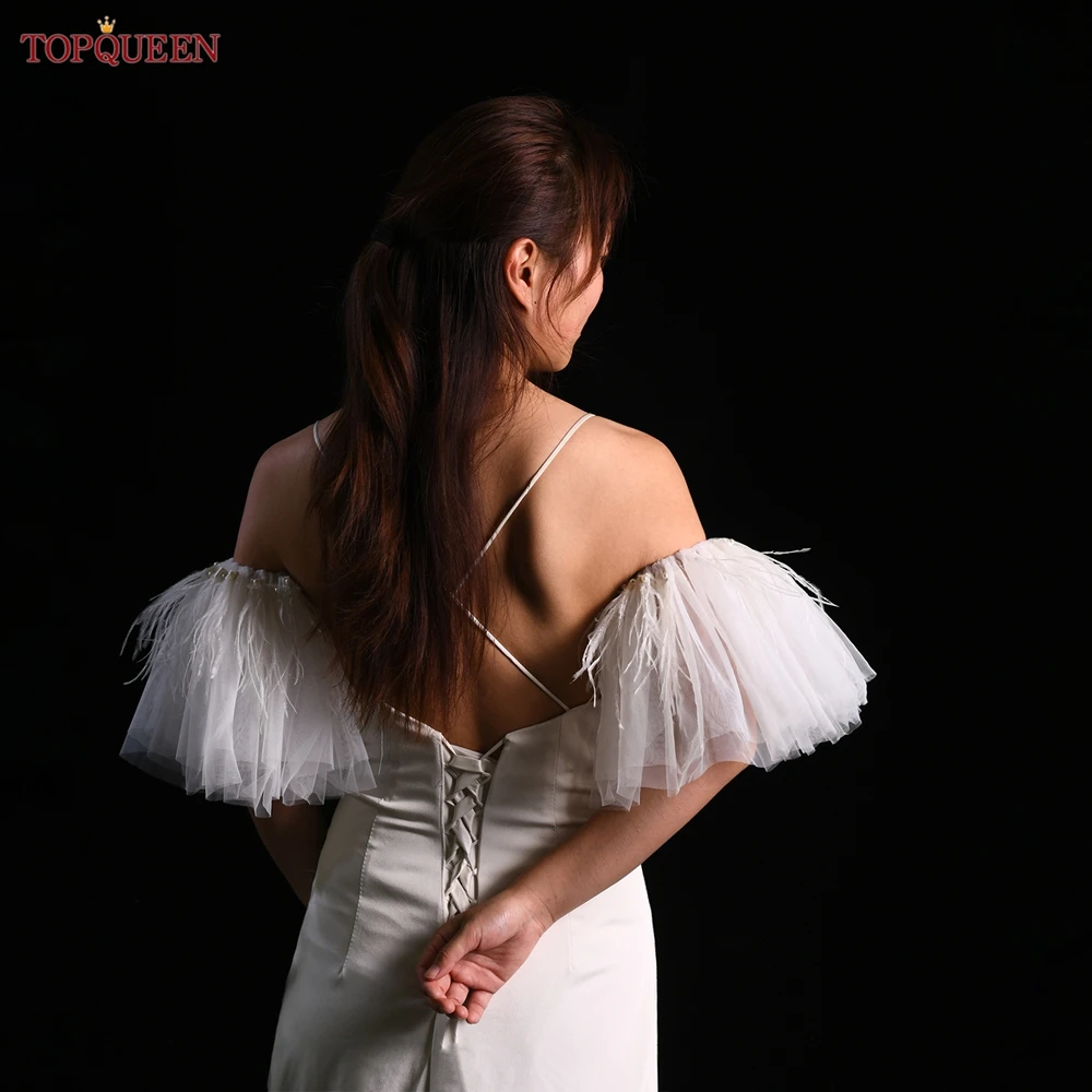 Topqueen vg82a removível casamento pena braço mangas capa ombros verão bolero acessórios de casamento nupcial bolero diy