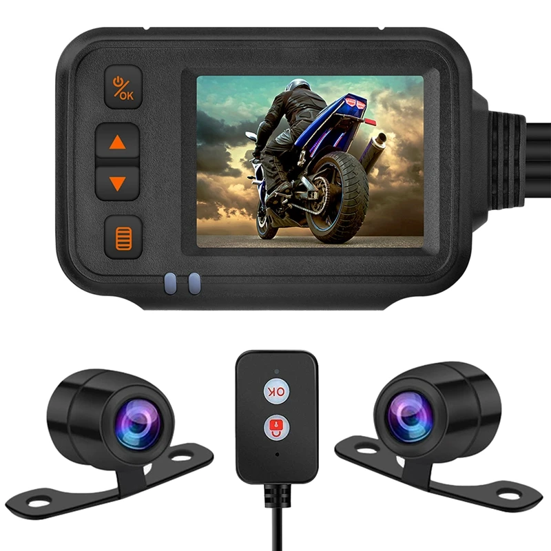 

Motorcycle Camera Dash Cam, 2Inch IPS Screen 1080P+720P Dual AHD Bike Dashcam G-Sensor Parking Mode Driving Recorder Black