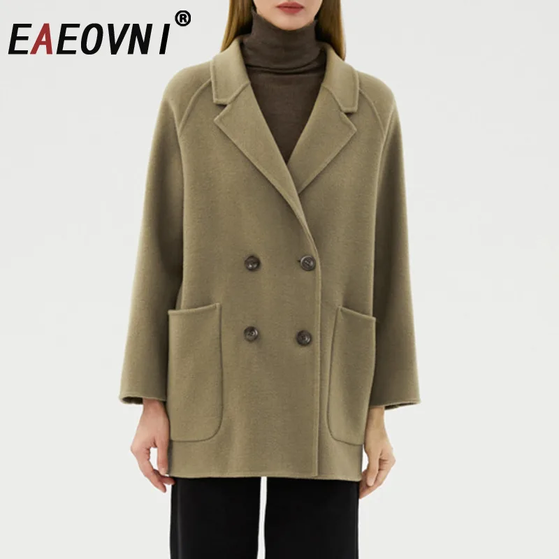 

EAEOVNI Double Wool Design Jacket Women Fashion Notched Collar Button Solid Color Woolen Coat Office Lady Autumn Winter New
