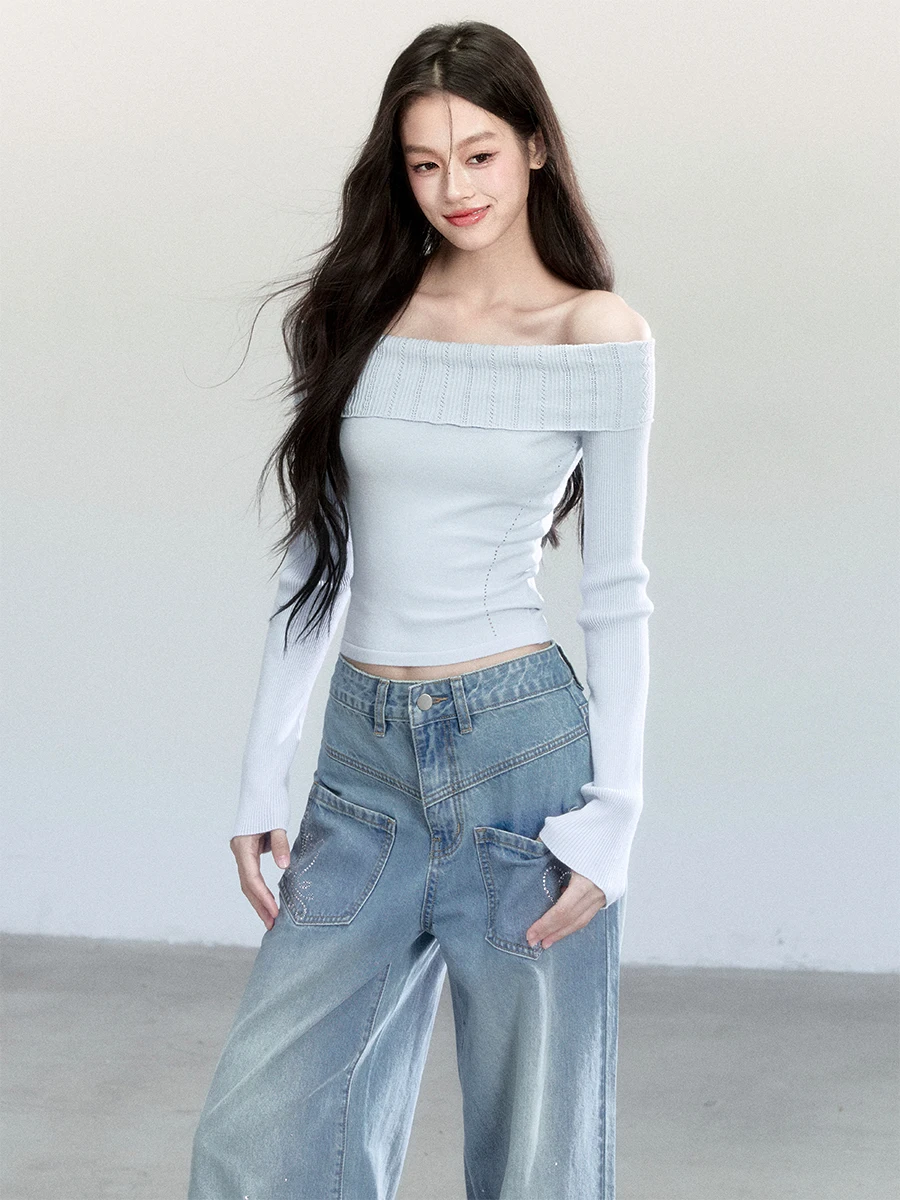 Slim Fit Knitted Base Shirt One Shoulder Layering Simple Design Autumn Style Women's T-shirt Pure Color Splicing Fashion