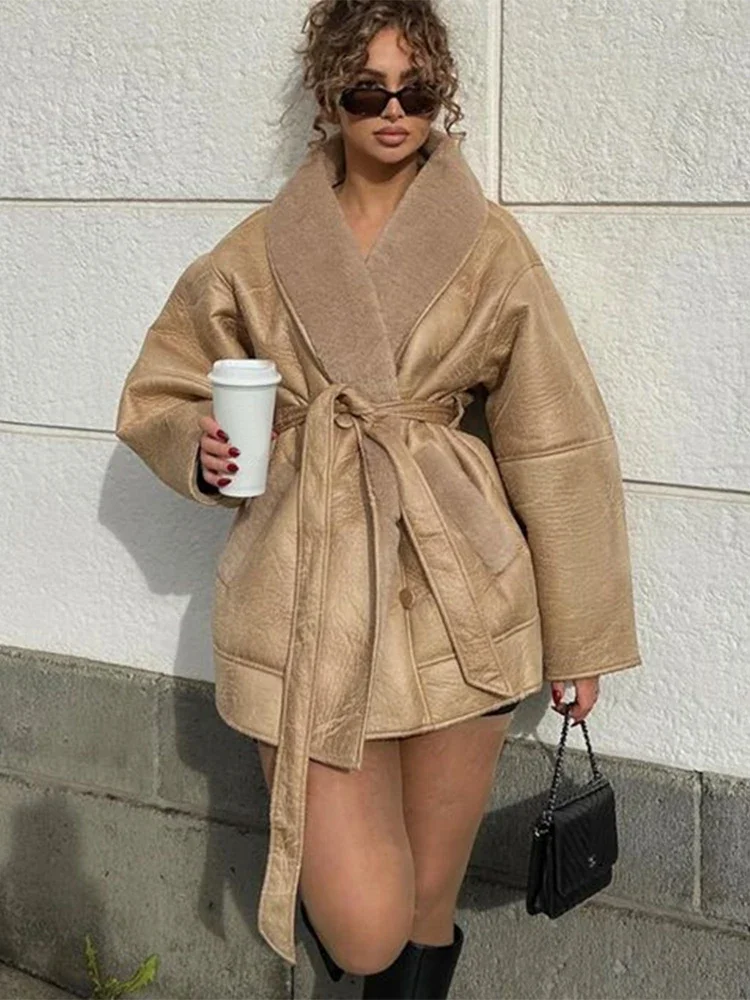 

Vintage Women's Faux Leather Jackets with Belt Loose Lapel Pocket Long Sleeve Female Thick Coat 2025 Winter Lady Warm Overcoat