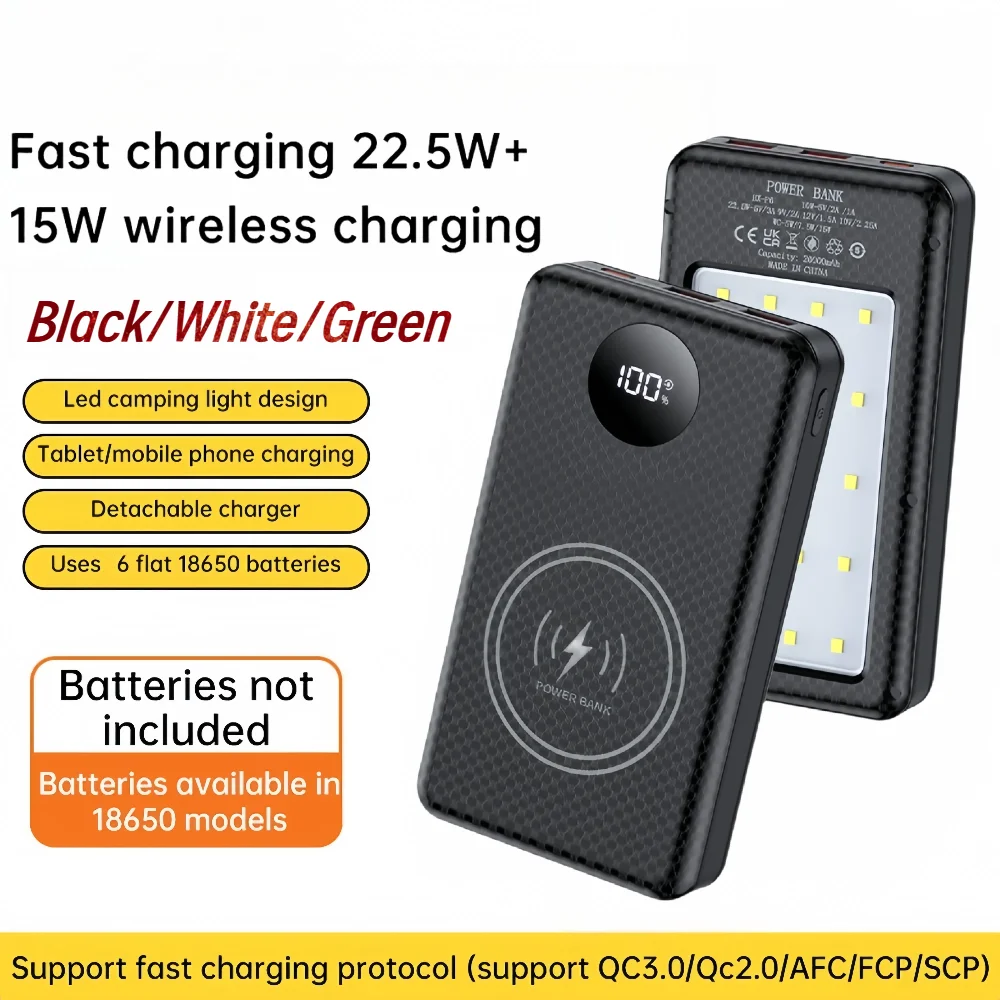 6*18650 20000mAh قوة البنك حالة 22.5 واط شحن سريع 15 واط شحن لاسلكي المحمول قوة البنك الإسكان حامل البطارية للهاتف
