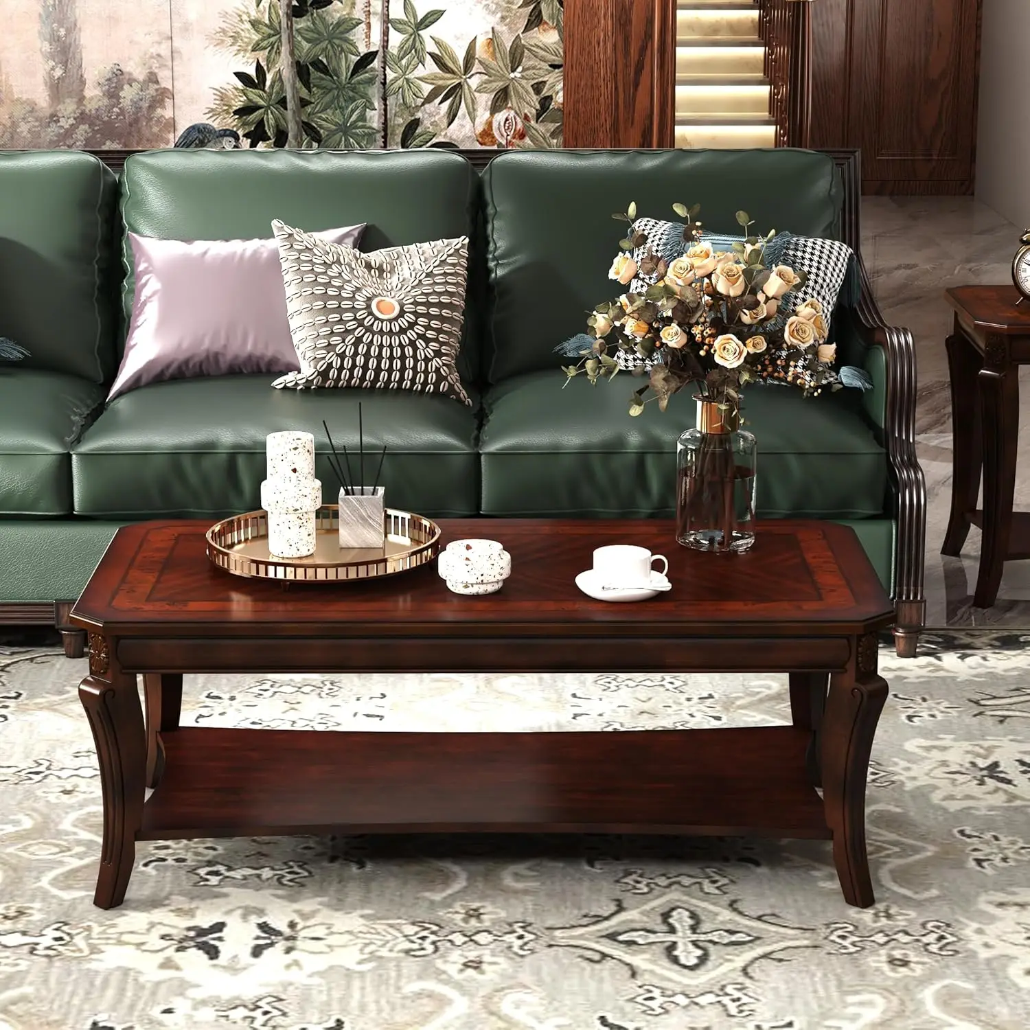 

Rectangle Solid Wood Coffee Table with Shelf, Farmhouse Style, Cherry, Customized