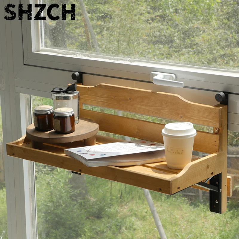 ‌Solid Wood Folding Bar Table - Hanging Window Sill Mounted Bistro Desk for Balcony Small Space Tea Counter with Adjustable Legs