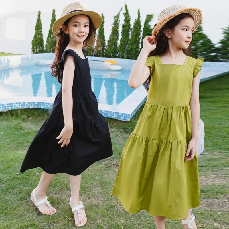 New Summer Cotton Dress for Big Girls with Small Flutter Sleeves, Square Neck Long Dress, Sweet and Cute Sleeveless Dress