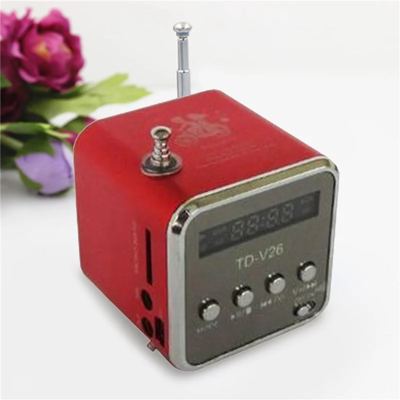 B49C 2X TD-V26 Digital Portable Mini Fm Radio Receiver LED Loudspeaker Wireless Speaker MP3 Support SD/TF Card Red