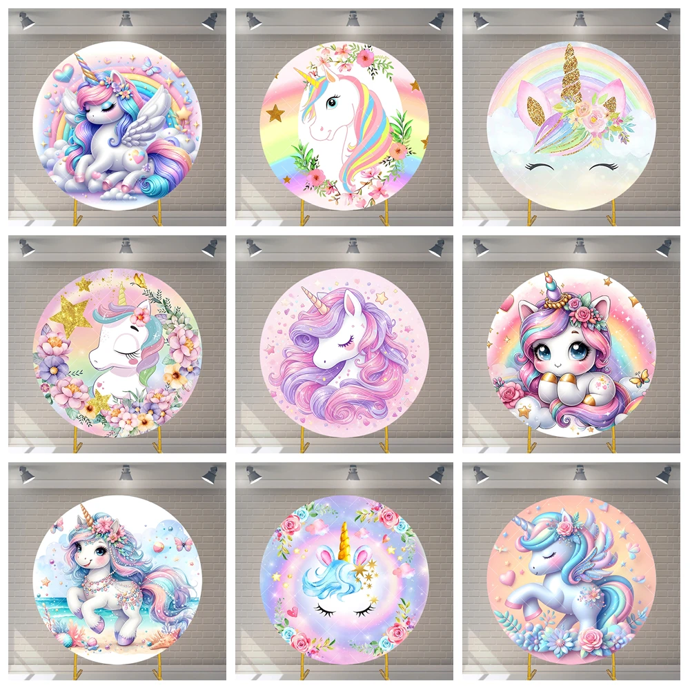 

Rainbow Unicorn Photography Background Baby Shower Backdrop Newborn Custom Round Garland Girl Birthday Party Room Decor Poster