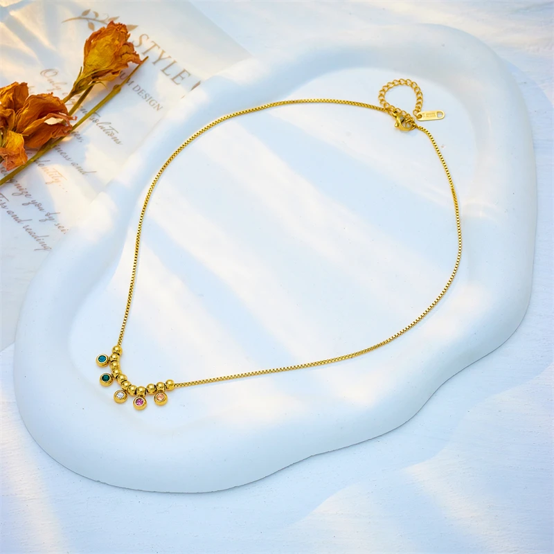 DIEYURO 316L Stainless Steel Colorful Zircon Beads Pendant Necklace For Women Girl New Trend Neck Chains Jewelry Gift Party