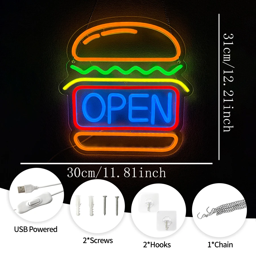 Burgers Open Neon Sign for Wall Decor Hamburger Led Lights Signs Open Signs for Business Food Neon Light Room Decor USB Powered
