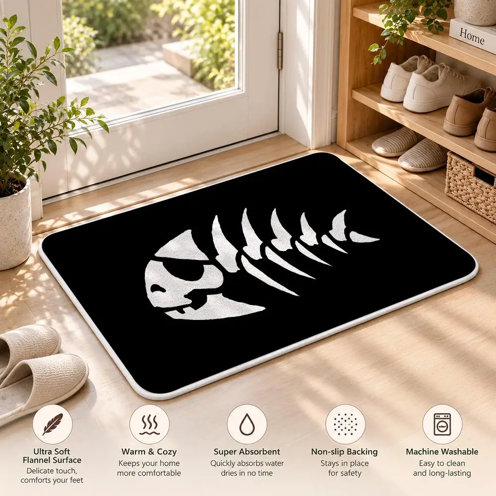 Black P-Pirate Fish Cool Floor Mat Flannel Rug Soft Non Slip Door Mat For Bathroom Bedroom Kitchen Living Room Home Decor