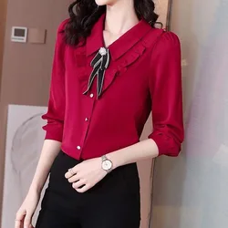 Elegant Commute Bow Turn-down Collar Solid Color Button Shirt Female Korean Long Sleeve Ruffles Blouse Spring Autumn Fashion