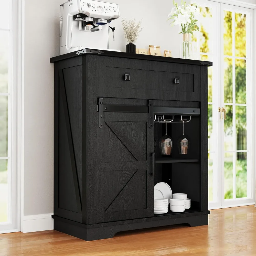 

Farmhouse Coffee Bar Cabinet with Sliding Barn Door & Drawers, Buffet Table with Storage, Kitchen Sideboard Storage Cabinet.