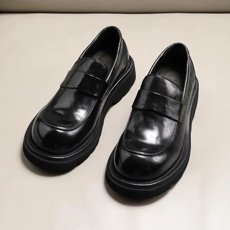 

Excellent Sheepskin Lining Retro Hand Grip Pattern Big-toe Leather Shoes Men's Slip-on Business Casual Shoes 4.5cm Heel Loafers