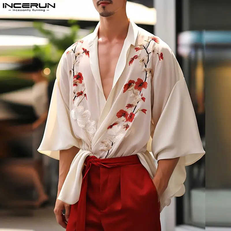 

INCERUN Cardigans 2024 Summer Tops Men Shirts Lapel Collar V Neck Button Down Floral Print Kimono Streetwear Tee Men Clothing