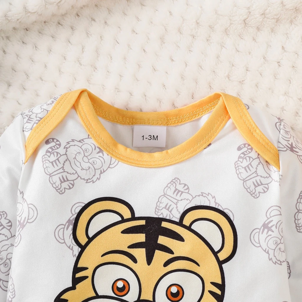 0-9 Months Long Sleeved Baby Clothes Suit Tiger Cartoon Printed Top+Yellow Pants+Cute Hat 3PCS Newborn Baby Boy Jumpsuit Costume