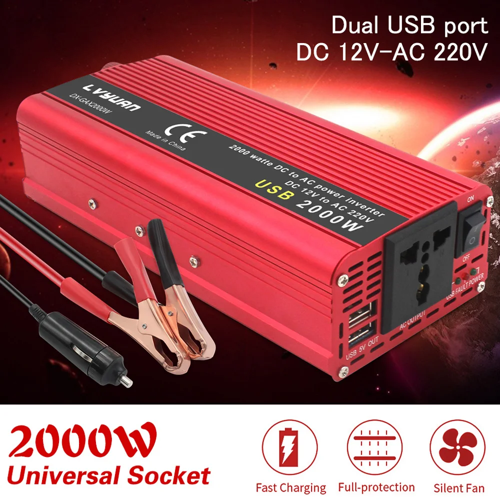 1500W/2000W/2600W Power Inverter Modified Sine Wave DC 12V TO AC 220V Car Converter 50Hz Universal Socket Dual USB Adapter